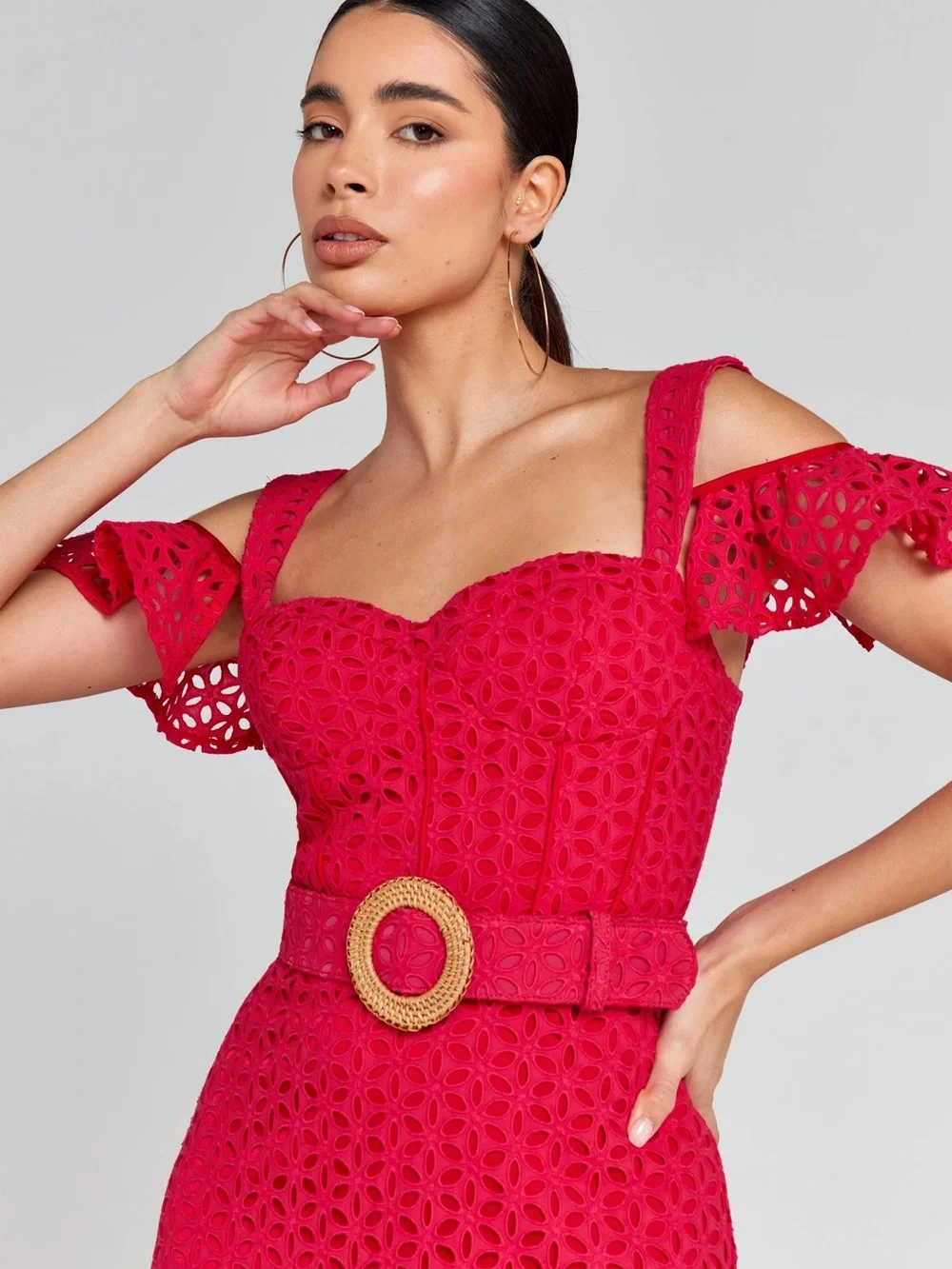 NADINE MERABI Julia Red Eyelet Midi Dress, Belt and Removable shoulder ruffles